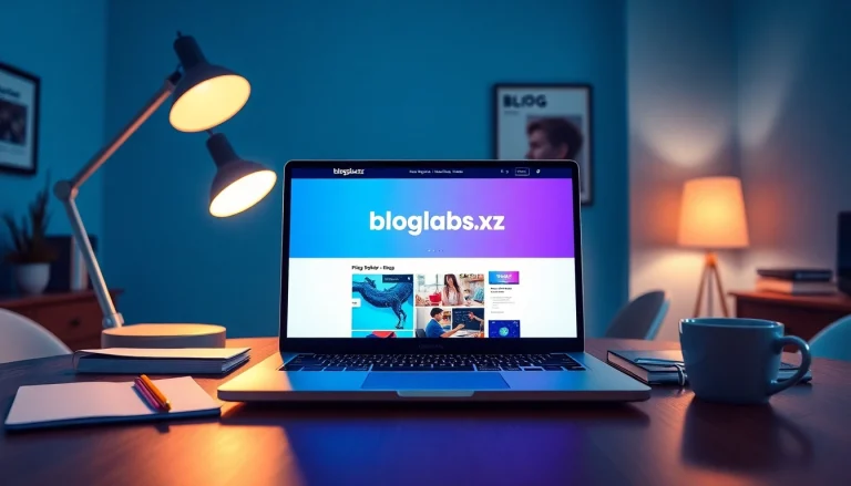 Dynamic workspace showcasing blogslabs.xyz, with a laptop, comfortable decor, and creative elements.