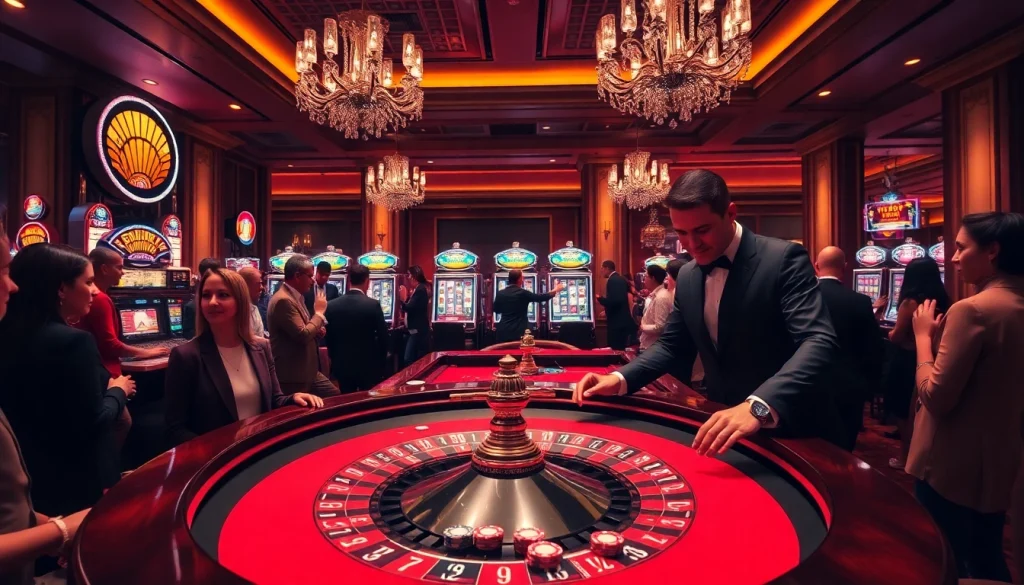 Players enjoying high-stakes gaming at a luxurious casino featuring https://u888hii.com/ roulette and vibrant slot machines.