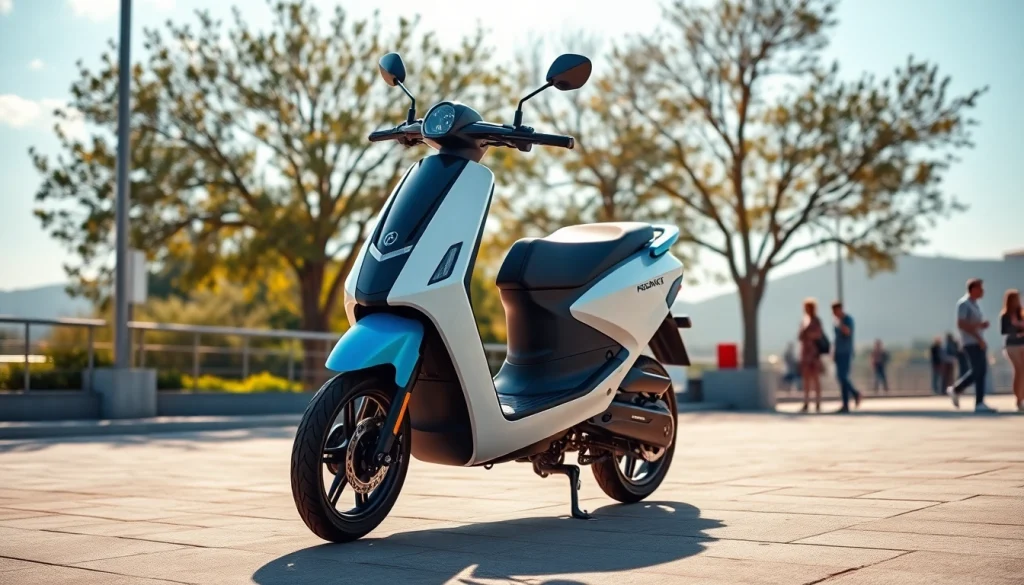 Découvrez le scooter électrique Motocompacto, innovant de Motopaco, dans un environnement urbain animé et des couleurs vives.
