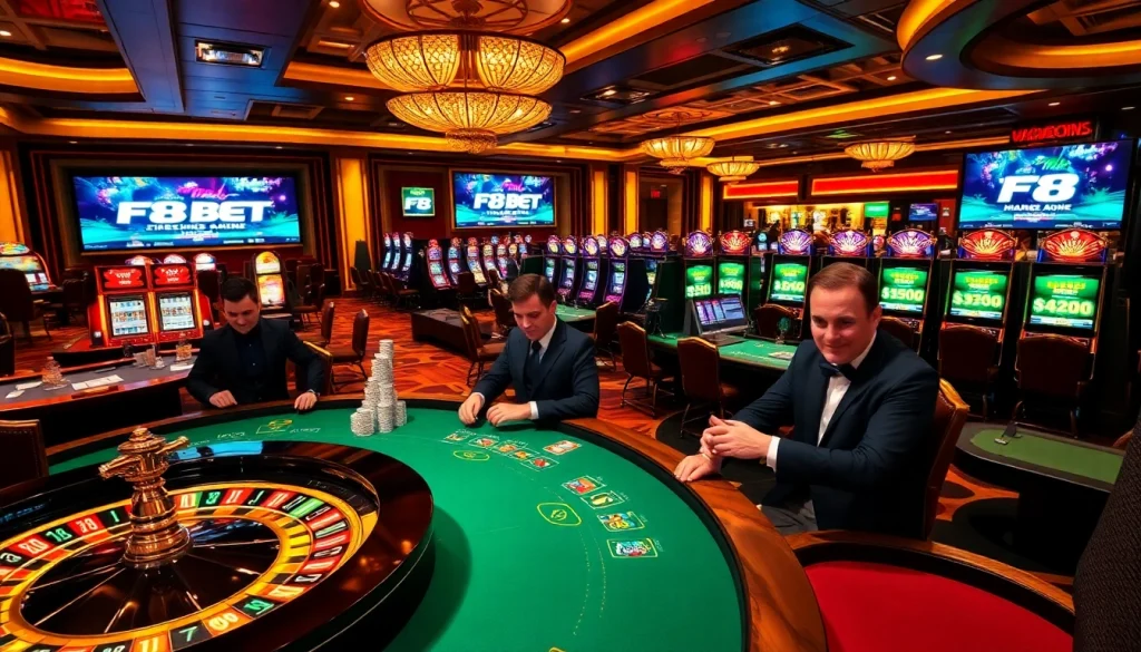 Engage with F8 BET in a vibrant casino scene showcasing excitement and elegance at the gaming tables.