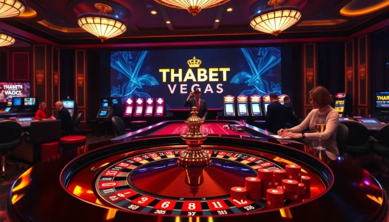 Experience thrilling gameplay at https://thabet.vegas/ with roulette and poker chips in a vibrant casino scene.