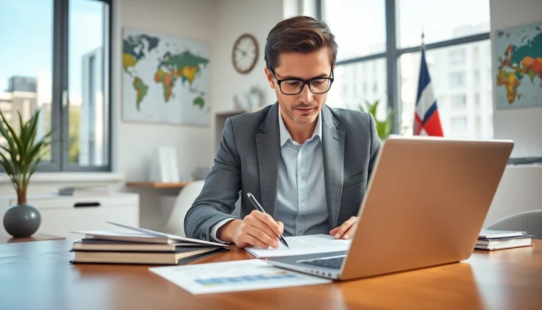 Sworn translator working on legal documents in a modern office setting.