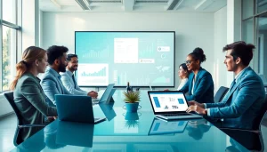 Business collaboration scene showcasing Logo Tiger Wings integration in a modern office.