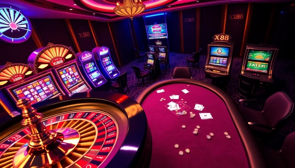 Exciting casino action showcasing XX88.today with vibrant slot machines and elegant poker tables.
