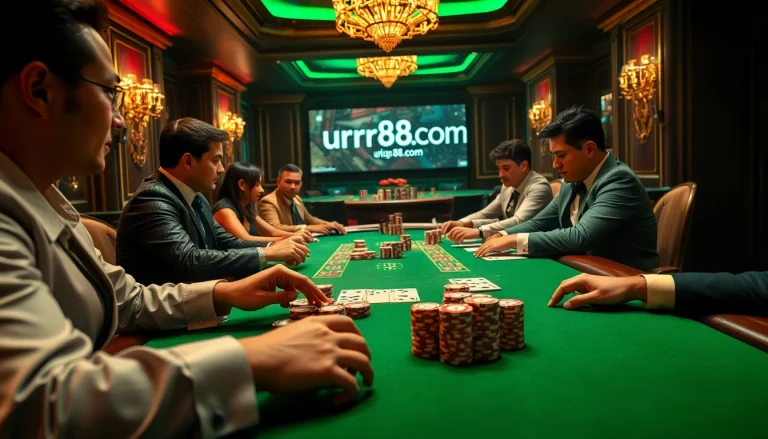 Intense poker gameplay at a luxurious casino featuring elements of urr88.com, showcasing high-value chips and cards.
