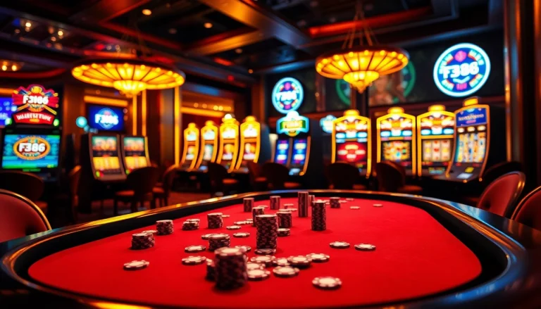 Experience high-stakes play at F168 casino with vibrant lights, poker chips, and luxury ambiance.