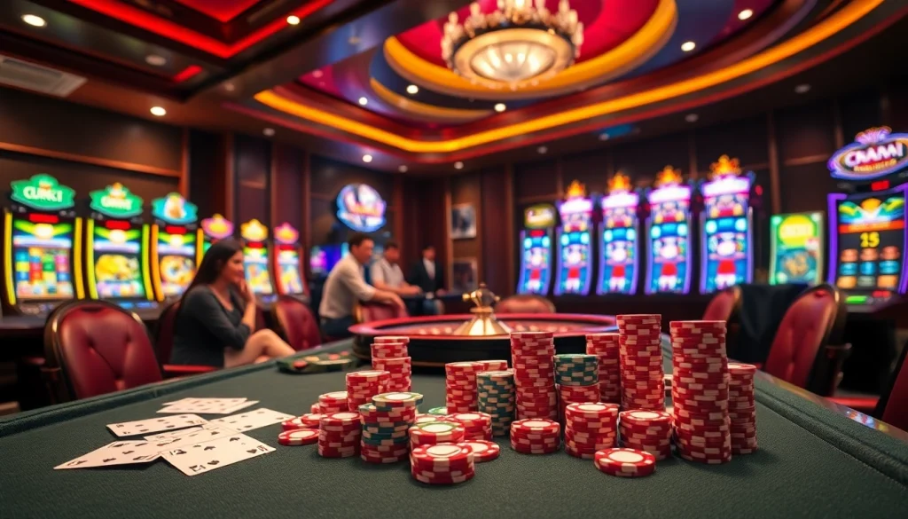The vibrant gambling scene at nhà cái usbet with colorful poker chips and engaging players.