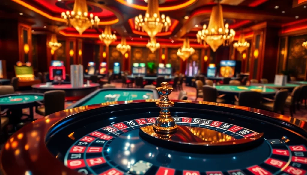 F168 Casino scene with roulette table and vibrant chips in a luxurious setting.