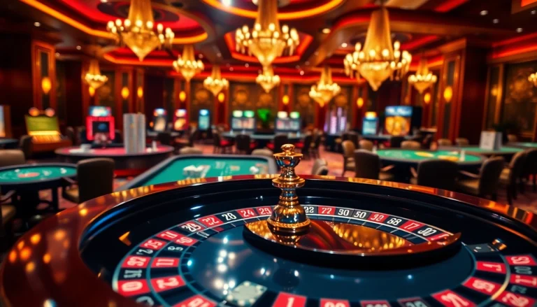 F168 Casino scene with roulette table and vibrant chips in a luxurious setting.