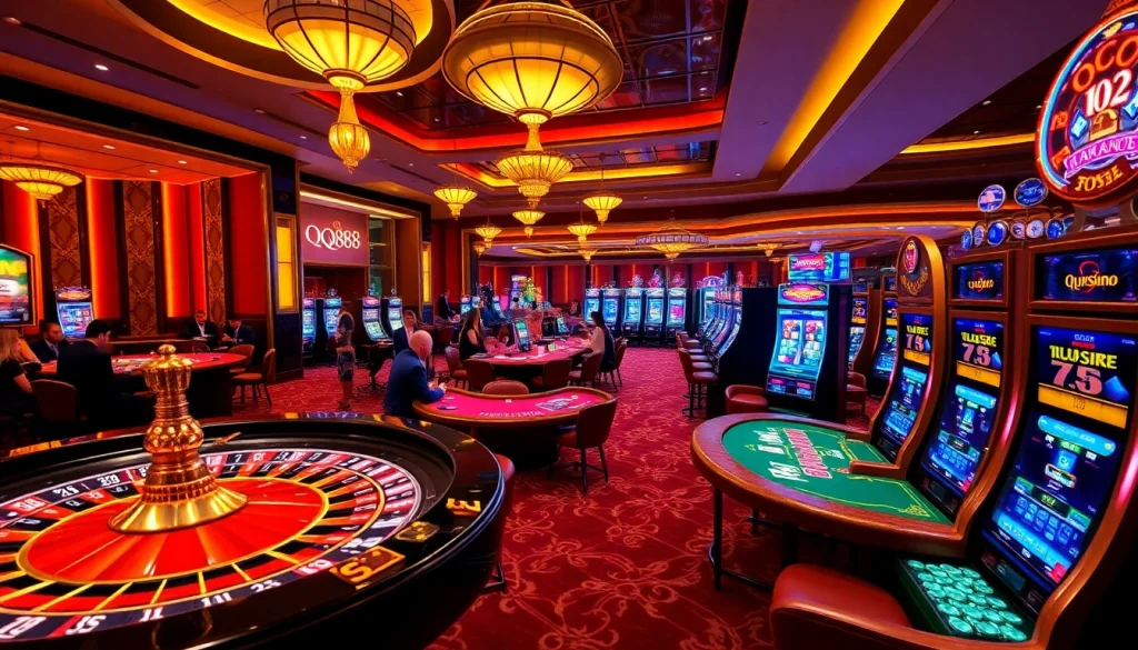Engaging players celebrate their wins at QQ888 casino tables with vibrant roulette and poker action.