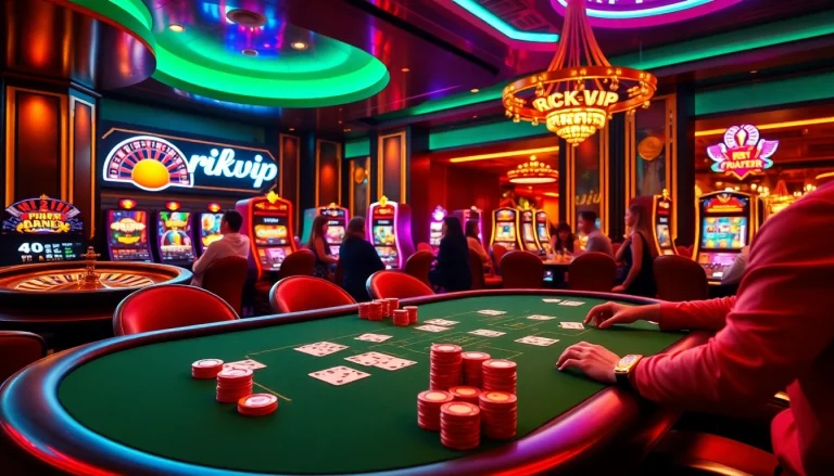 Enjoy the thrilling atmosphere of Rikvip with players at luxurious casino tables and vibrant slots.