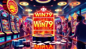 Players celebrating a big win at the win79 slot machine in a luxurious casino setting.