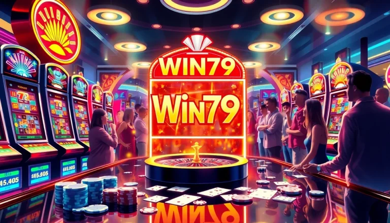 Players celebrating a big win at the win79 slot machine in a luxurious casino setting.