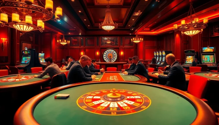 Một ván poker đầy kịch tính tại một casino sang trọng, có yếu tố từ https://luck8.com, thể hiện các cược ở mức cao và thu hút người chơi.