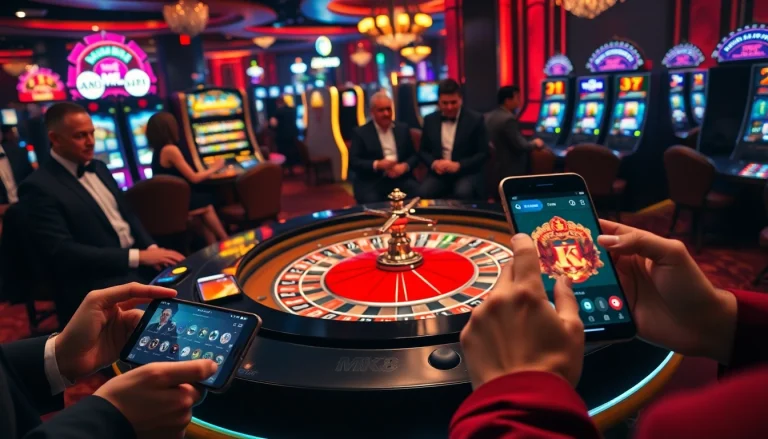 Engaging MK8 players betting at a luxurious roulette table in a vibrant casino environment.
