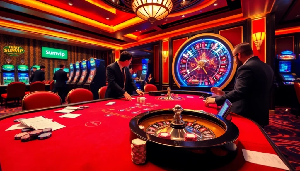 Experience the excitement of gambling at Sumvip's luxurious gaming area with poker tables and roulettes.