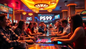 Dynamic online gaming scene showcasing PS 99’s vibrant casino atmosphere with excited players and engaging digital interfaces.