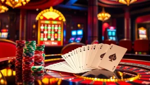 Experience the thrill of gaming at five8 casino, featuring vibrant poker chips and an elegant roulette table.
