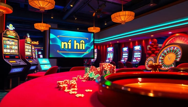 Experience the excitement of nổ hũ with vibrant slot machines and casino tables, inviting gamblers.