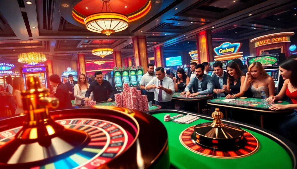 Players enjoying various games at https://mm88.sh/ casino, featuring poker chips and a roulette wheel.