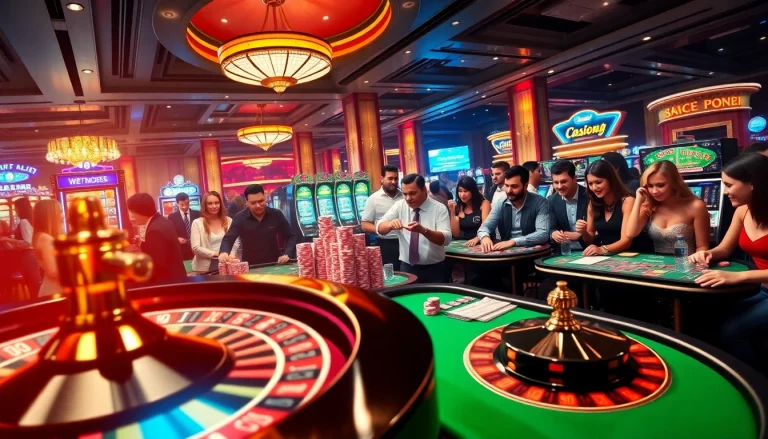Players enjoying various games at https://mm88.sh/ casino, featuring poker chips and a roulette wheel.