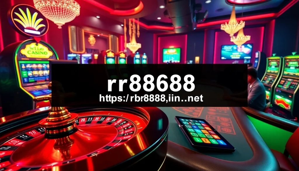 An exciting casino scene showcasing roulette and slot machines at https://rr8888.in.net/, capturing luxury and high-stakes action.