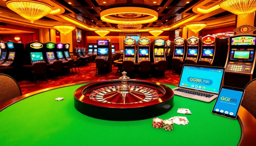 Exciting casino ambiance showcasing the GG88 link on devices among poker tables, roulette wheel, and vibrant slot machines.