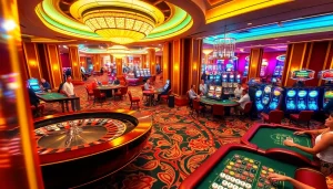Players engage in exciting moments at the sunwin casino, surrounded by vibrant roulette and poker tables.