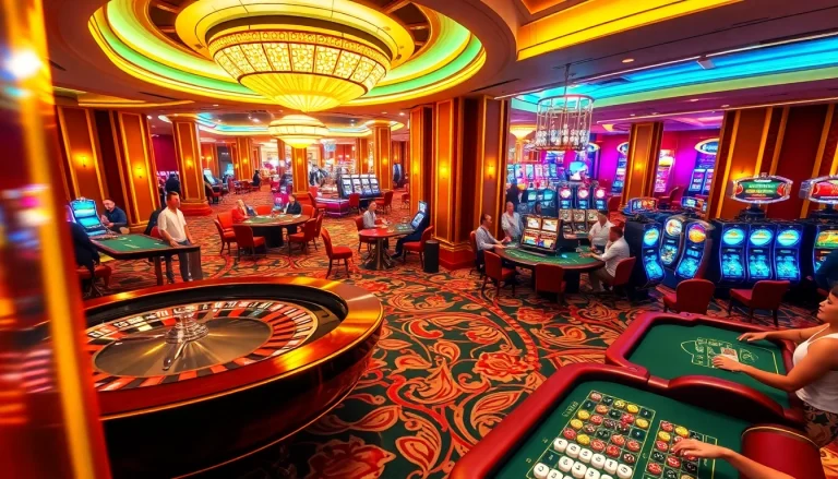 Players engage in exciting moments at the sunwin casino, surrounded by vibrant roulette and poker tables.