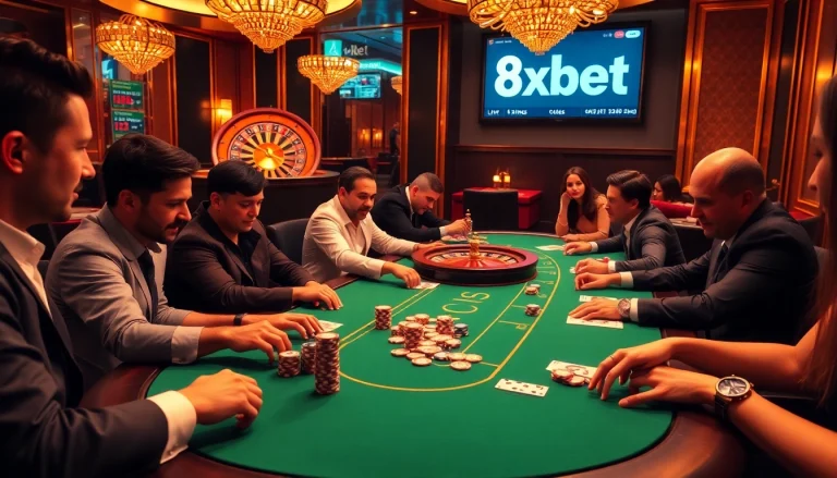 Players engaging in a high-stakes poker game at 8xbet casino.