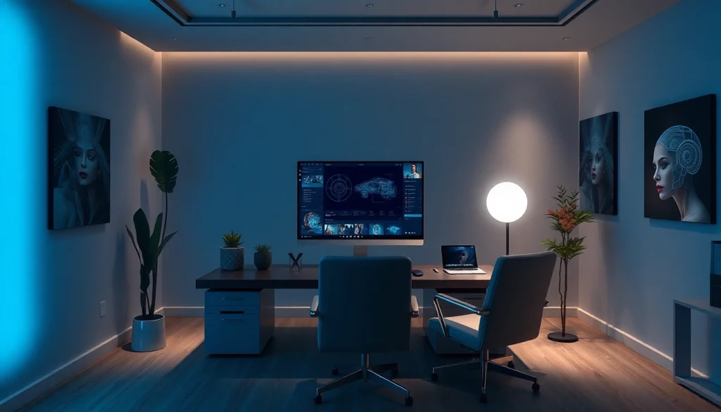 Innovative NSFW AI workspace featuring advanced tech and art