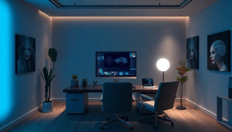 Innovative NSFW AI workspace featuring advanced tech and art