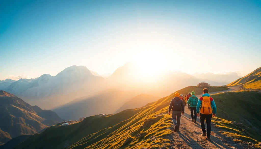 Mount Everest Base Camp Trek showcasing trekkers against stunning mountain landscapes during sunrise.
