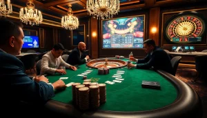 Gamblers enjoying a high-stakes game at the LV88 casino table with poker chips and cards.