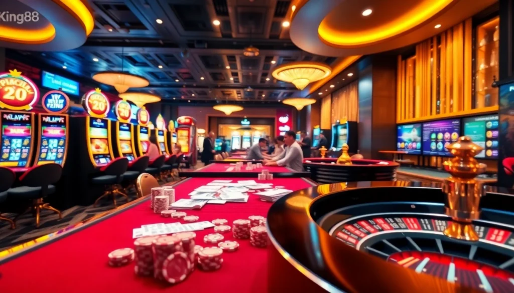 Experience the excitement of gambling at king88 with vibrant slot machines and busy card tables.