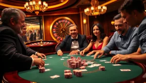 Engaging players enjoying a thrilling poker game at THA BET casino with vibrant casino elements.