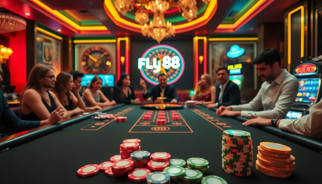 Players enjoying a thrilling game at FLY88's luxurious casino table amidst vibrant decor.