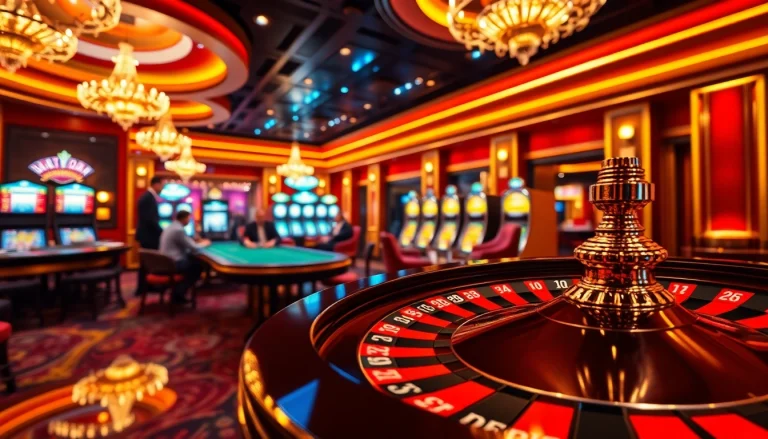Players enjoying high-stakes excitement at OK365 casino with roulette tables and vibrant atmosphere.