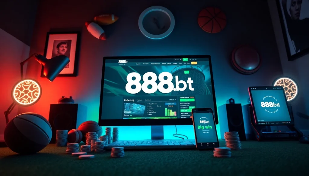 Experience the excitement with 888b.bet through a modern betting setup, showcasing vibrant sports and gaming elements.