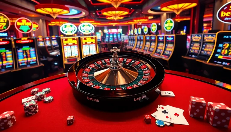 Experience thrilling gameplay with bet168 at a vibrant casino, showcasing roulette, poker, and slots.