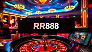 Experience the excitement of RR88 at a luxurious casino, featuring poker tables and roulette wheels.