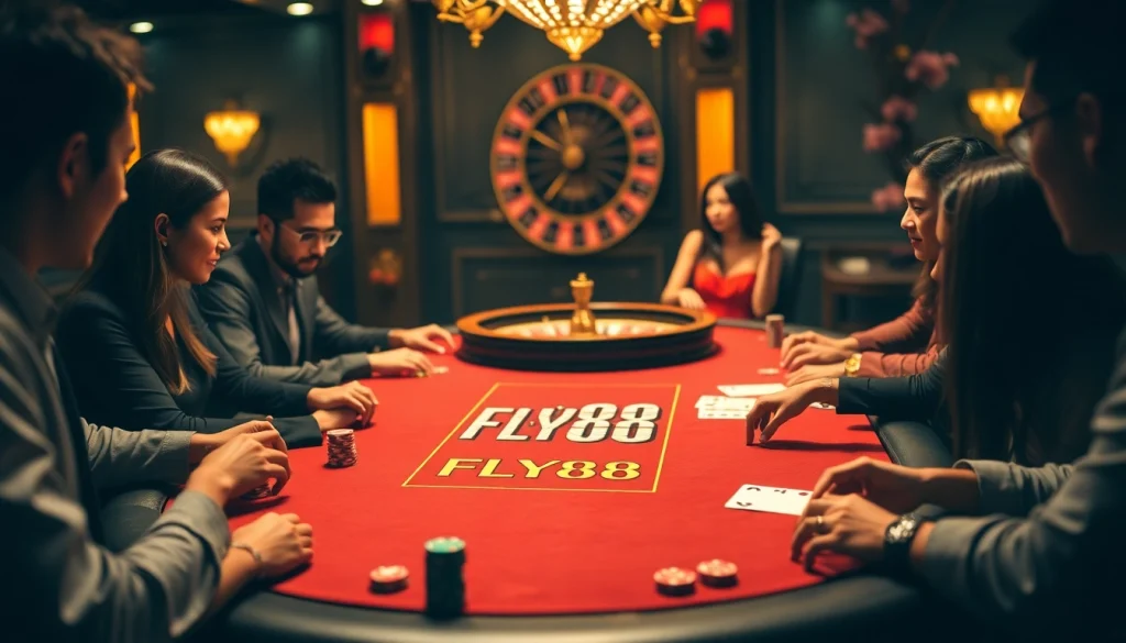 Players strategizing at a stylish FLY88 poker table in a luxurious casino setting.