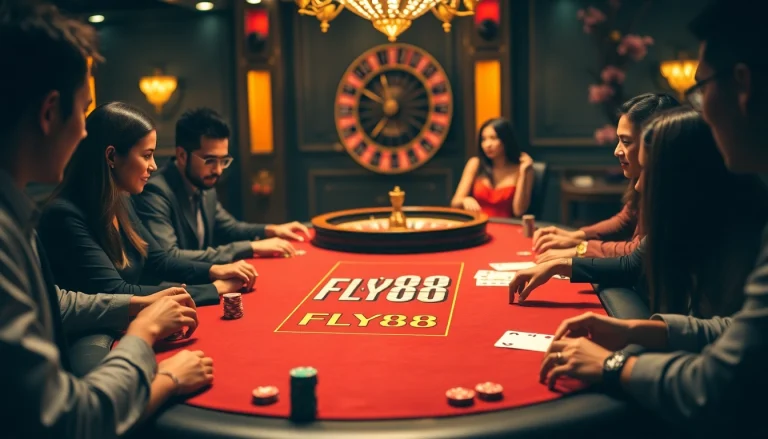 Players strategizing at a stylish FLY88 poker table in a luxurious casino setting.