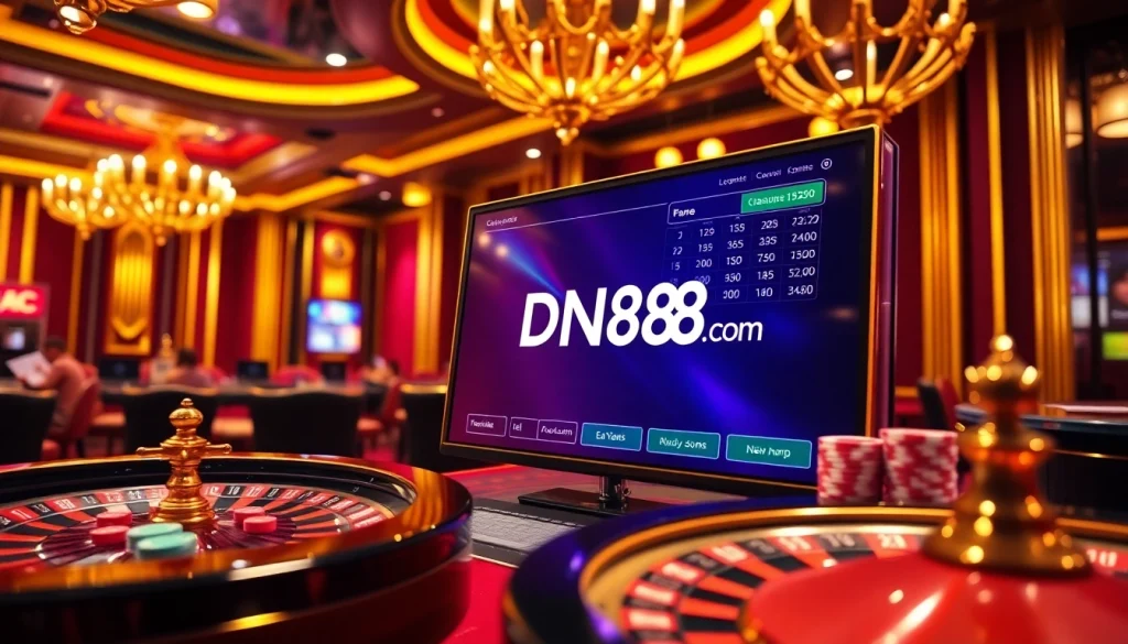 Engage in thrilling gameplay at dn88 com with a luxurious casino atmosphere featuring poker chips and a roulette wheel.