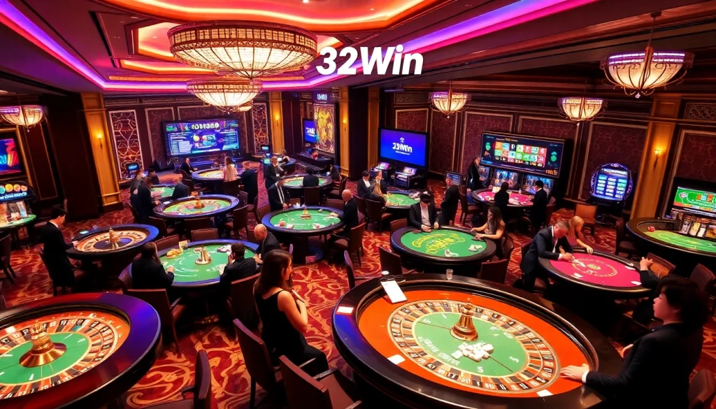 Experience the excitement of gambling at 32Win with engaging card games, chips, and roulette.