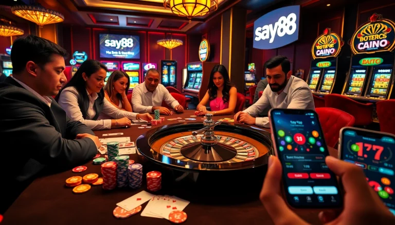 Say88 players engage in an exciting poker game at a lavish casino table.