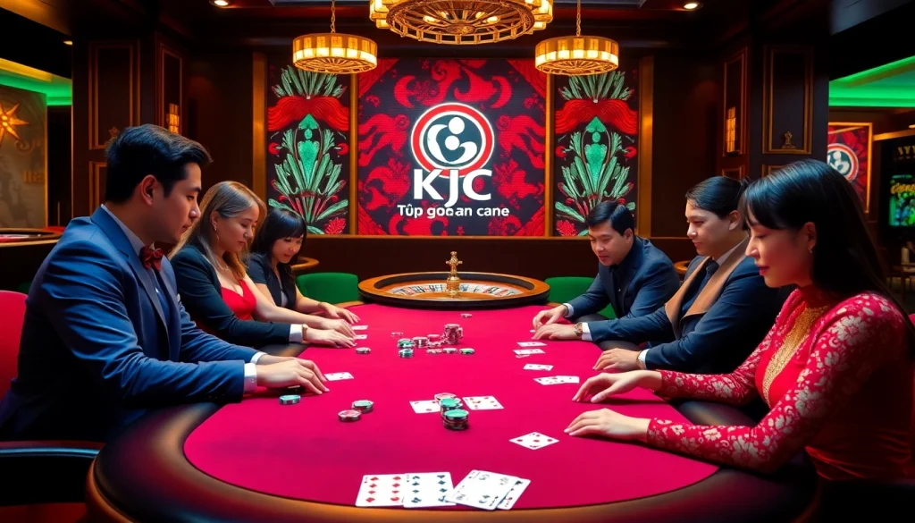 Players compete at a Tập đoàn KJC poker table filled with colorful chips, evoking excitement and luxury.