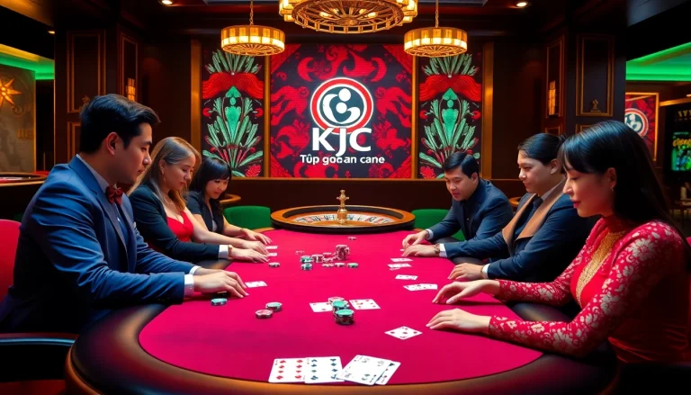 Players compete at a Tập đoàn KJC poker table filled with colorful chips, evoking excitement and luxury.