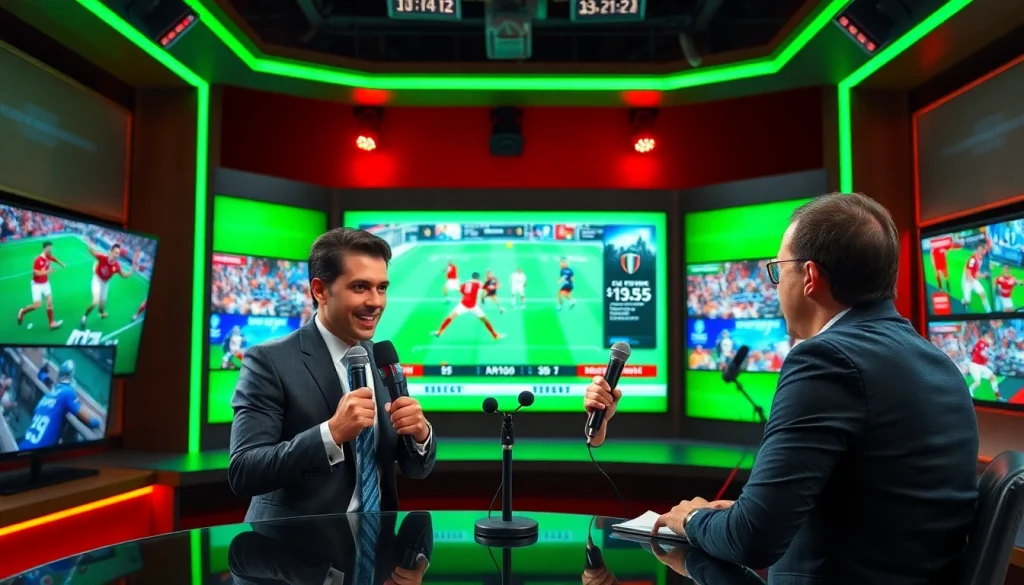 Hosts engaging in Sports Broadcasting at a lively studio with live game graphics.