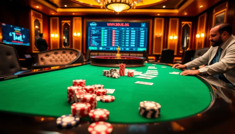 Players engaging at a high-stakes table showcasing https://xx88n.org/ poker chips and cards in action.